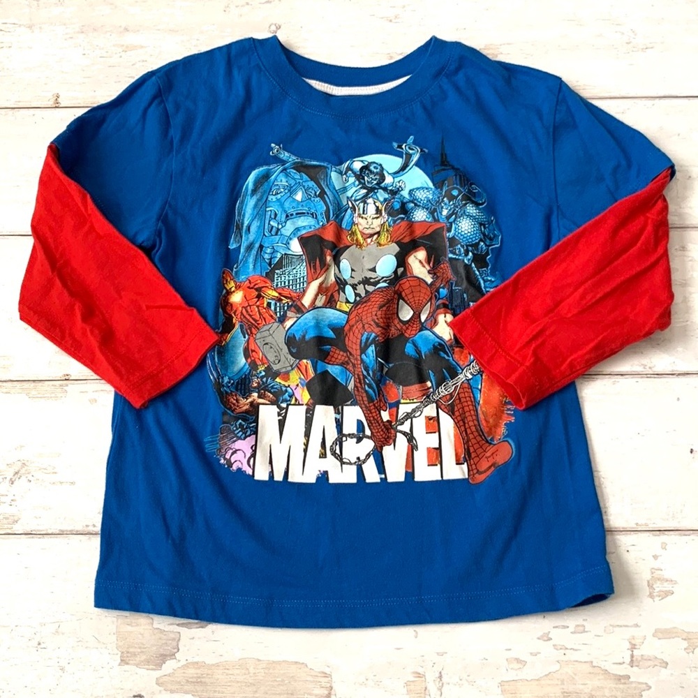 Boys Size 7 Marvel Superheroes Shirt Blue Red Long Sleeves Spiderman Kids Top